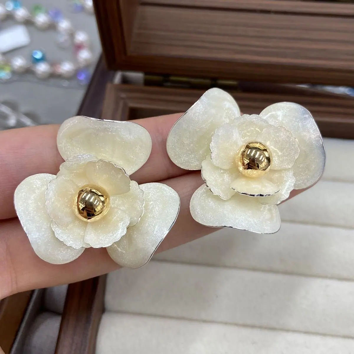 Cream Camellia Statement Earrings (shot-3)