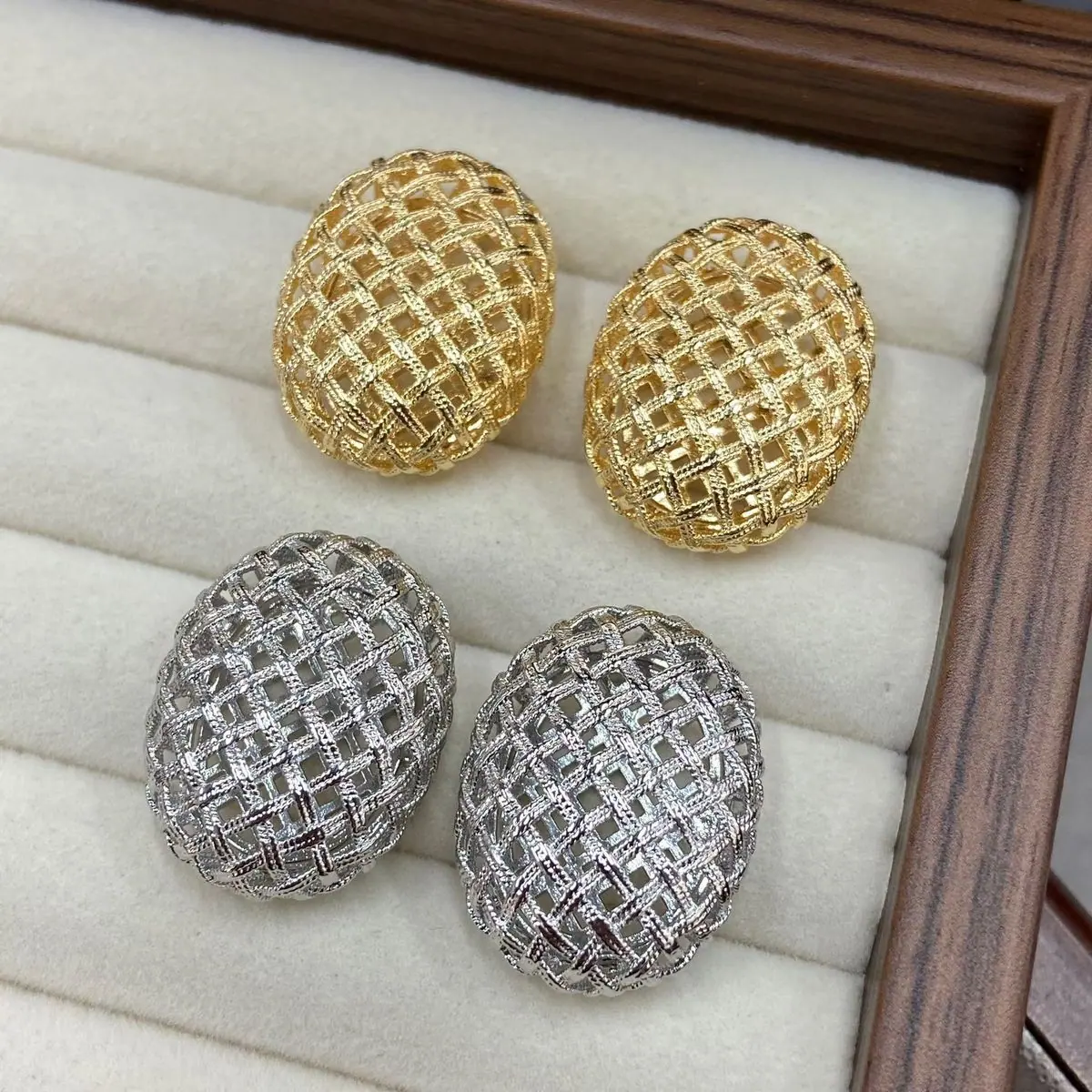Gold and Silver Mesh Cushion Stud Earrings (shot-2)