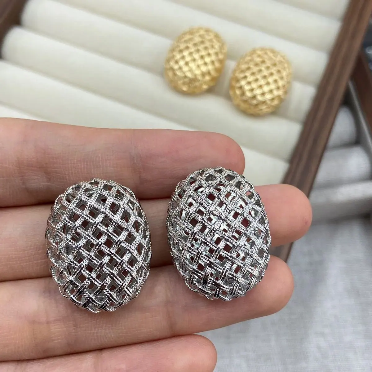 Gold and Silver Mesh Cushion Stud Earrings (shot-3)