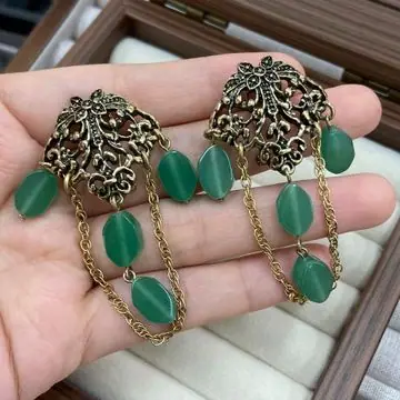 Gold-Tone Green Stone Dangle Earrings — view 2