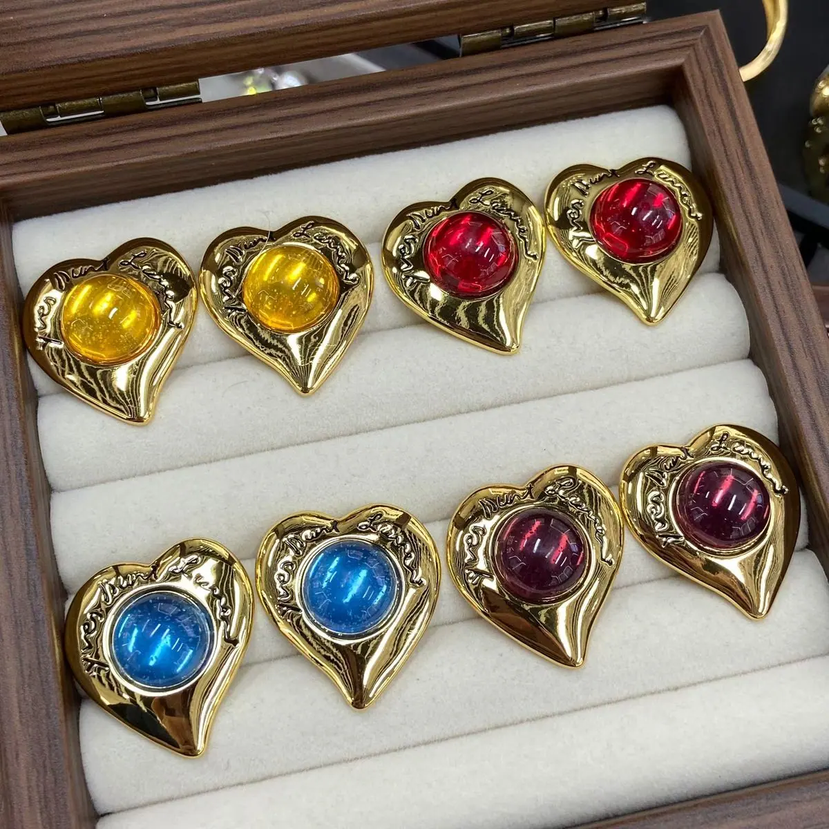 Gold-Tone Heart Cabochon Earrings