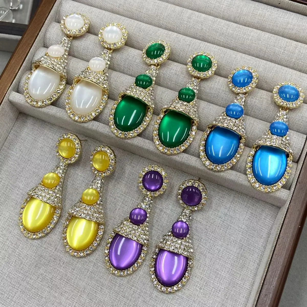 Gold-Tone Multi-Cabochon Drop Earrings (shot-2)
