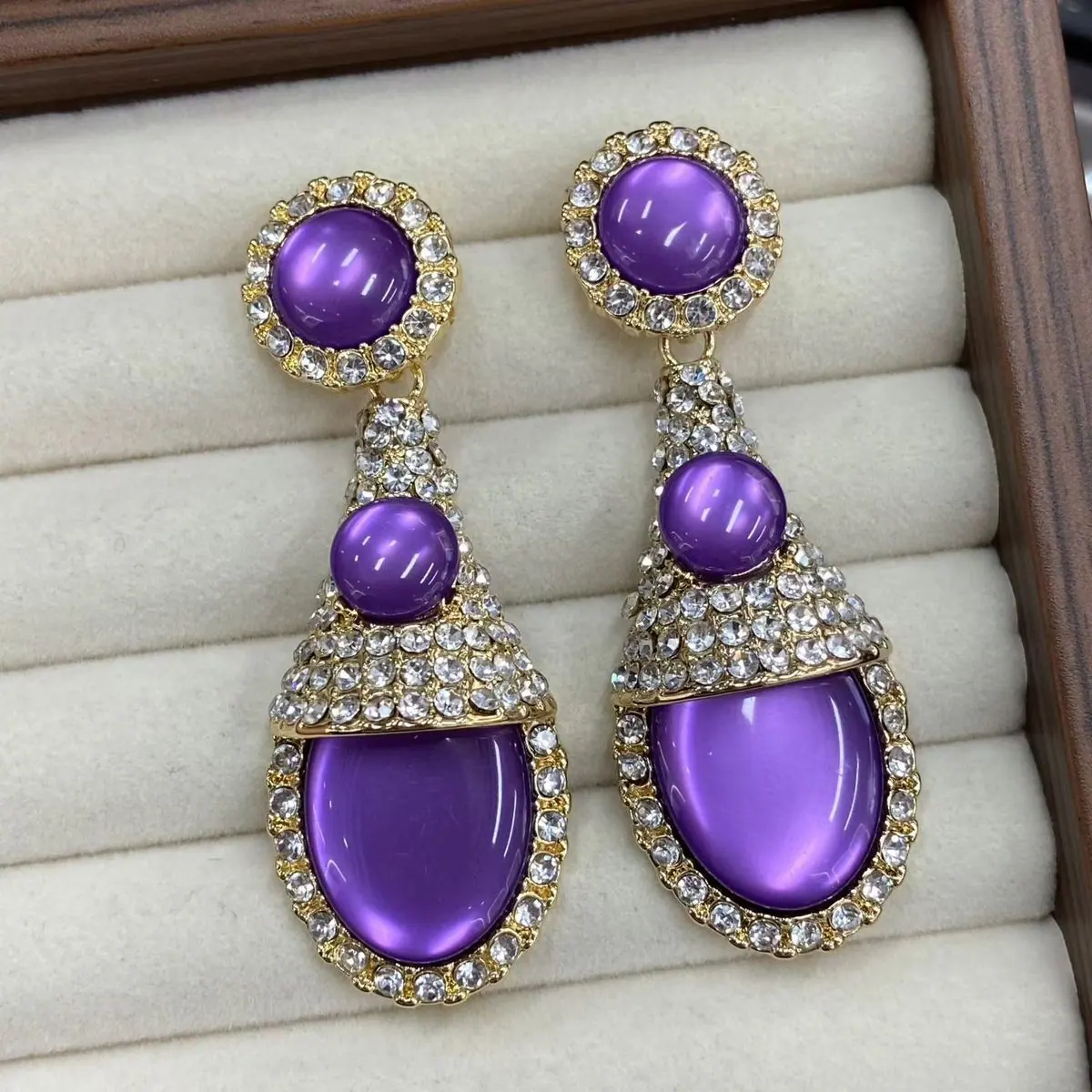 Gold-Tone Multi-Cabochon Drop Earrings (shot-6)