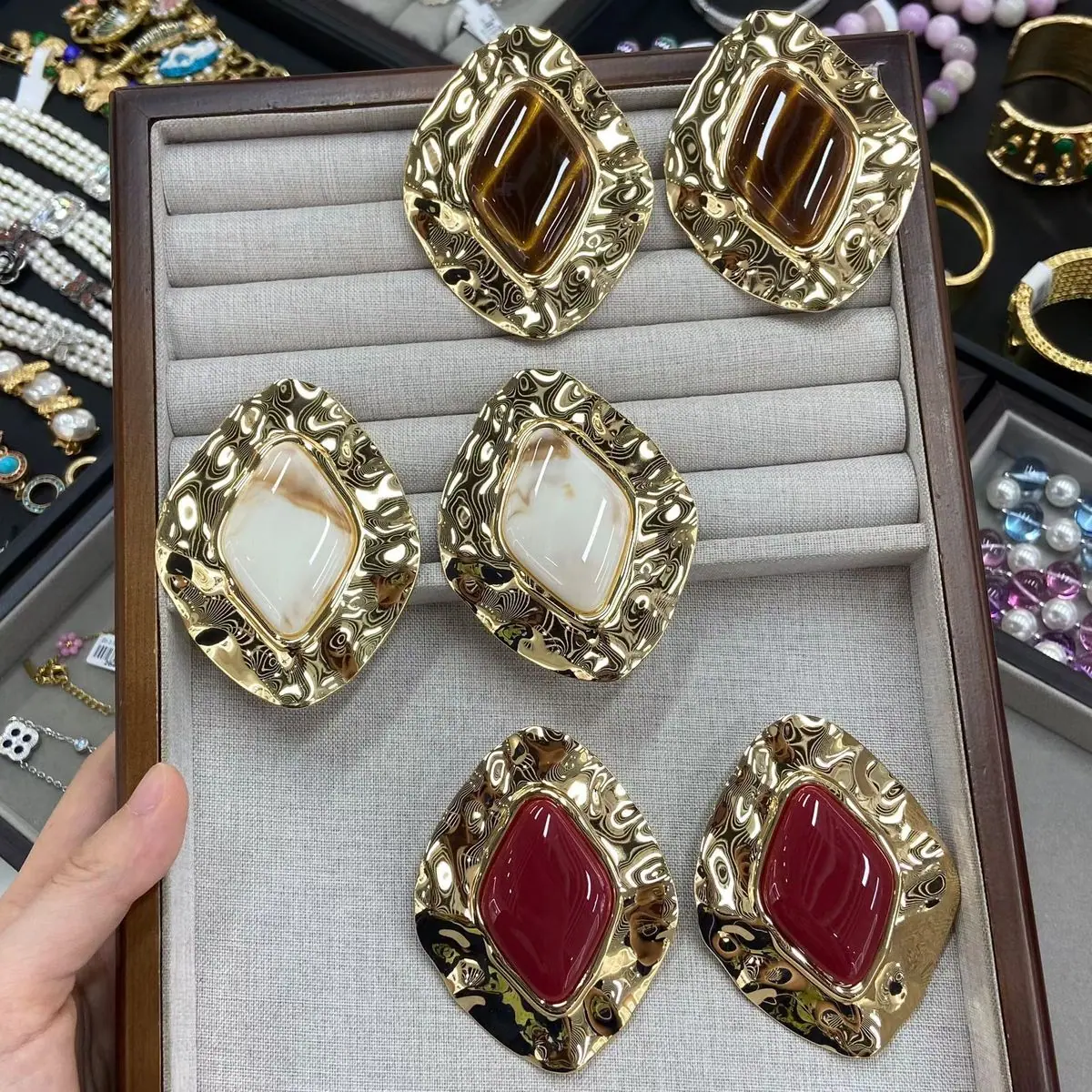Gold-Tone Ornate Cushion Cabochon Earrings