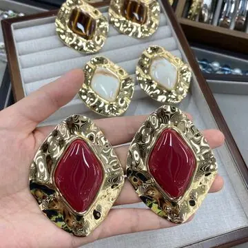 Gold-Tone Ornate Cushion Cabochon Earrings — view 2