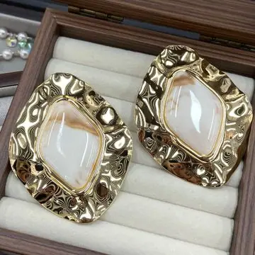 Gold-Tone Ornate Cushion Cabochon Earrings — view 3