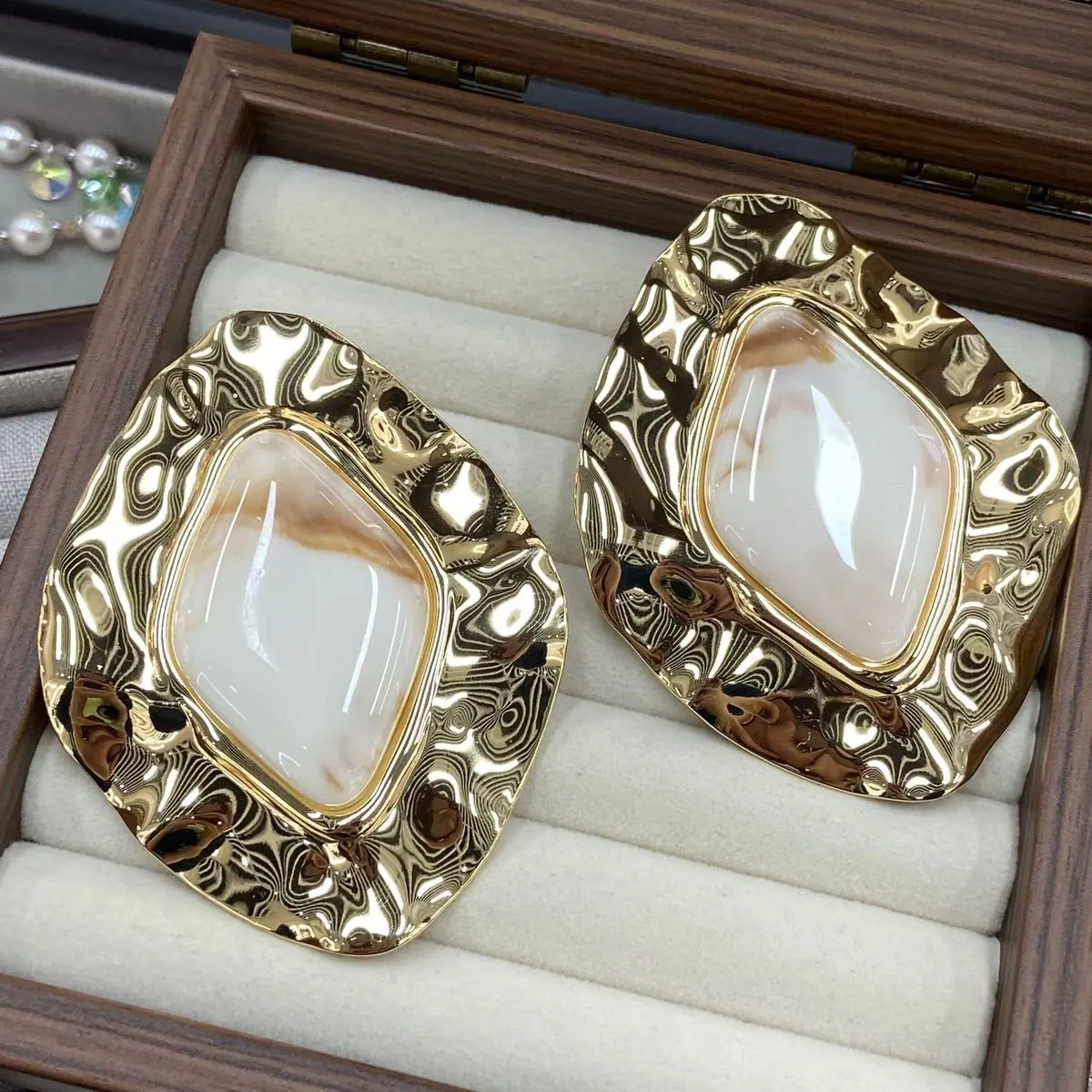 Gold-Tone Ornate Cushion Cabochon Earrings (shot-3)