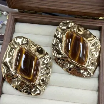 Gold-Tone Ornate Cushion Cabochon Earrings — view 4