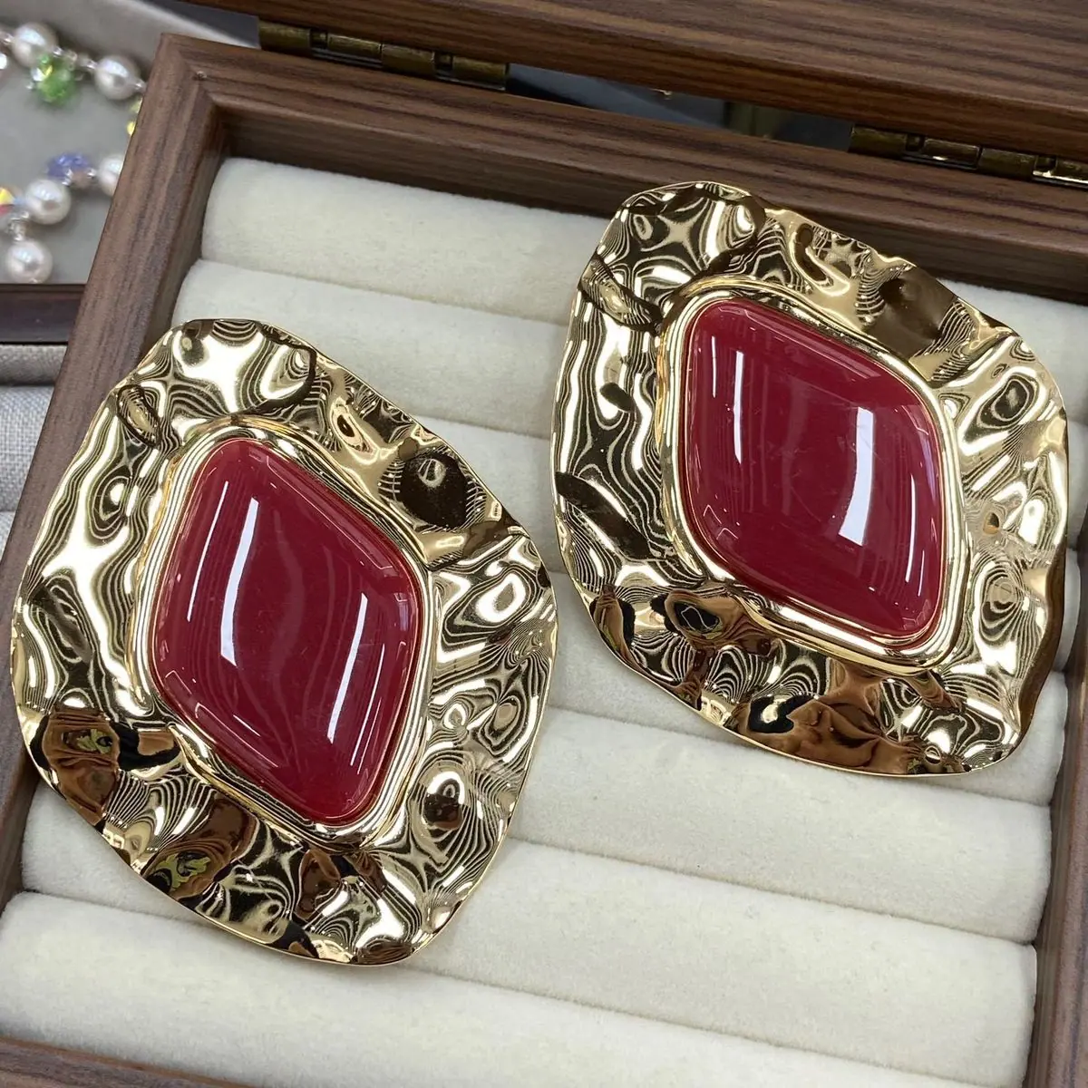 Gold-Tone Ornate Cushion Cabochon Earrings (shot-5)