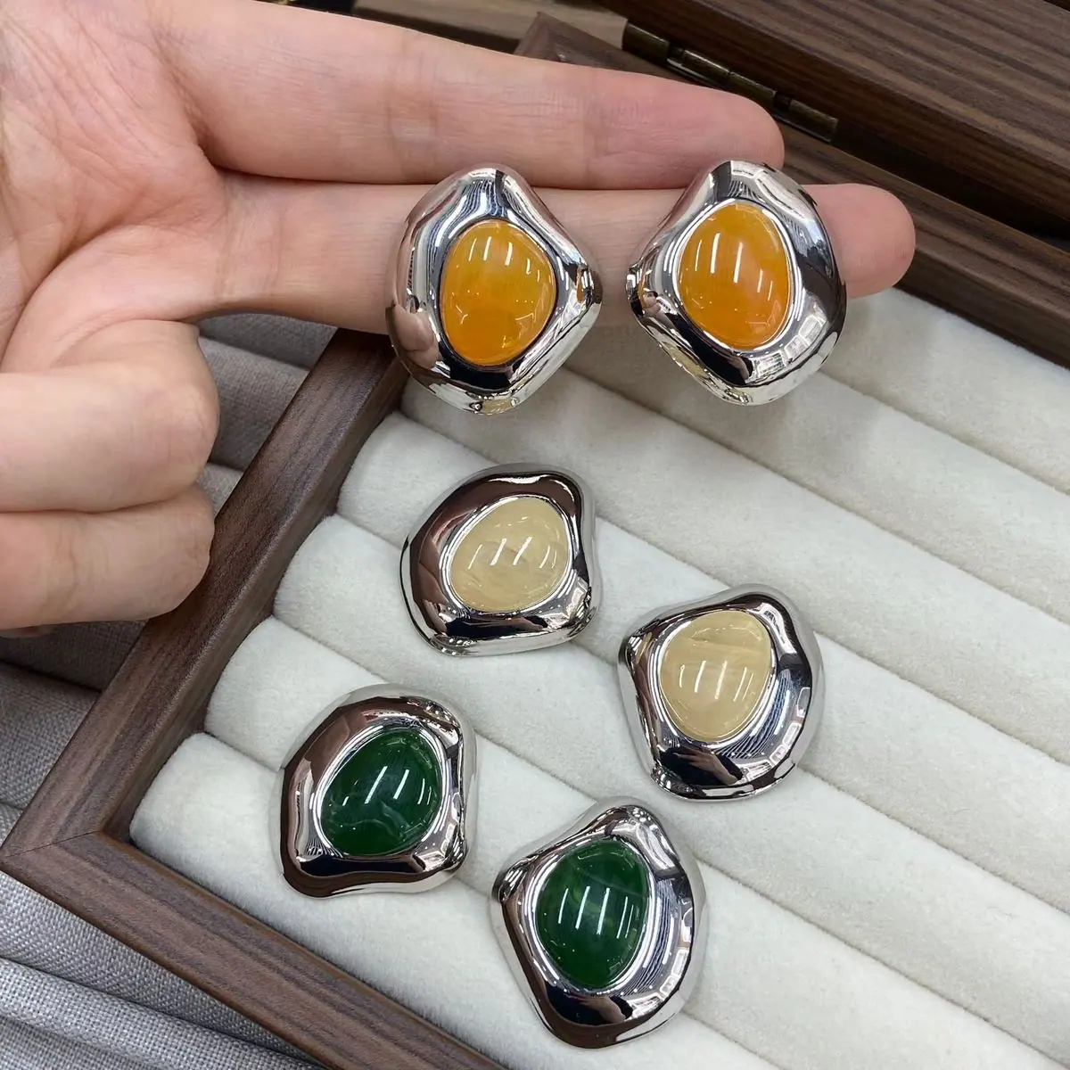 Gold-Tone Oval Cabochon Earrings (shot-3)