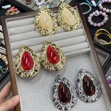 Gold-Tone Oval Stone Drop Earrings — main view