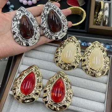 Gold-Tone Oval Stone Drop Earrings — view 2