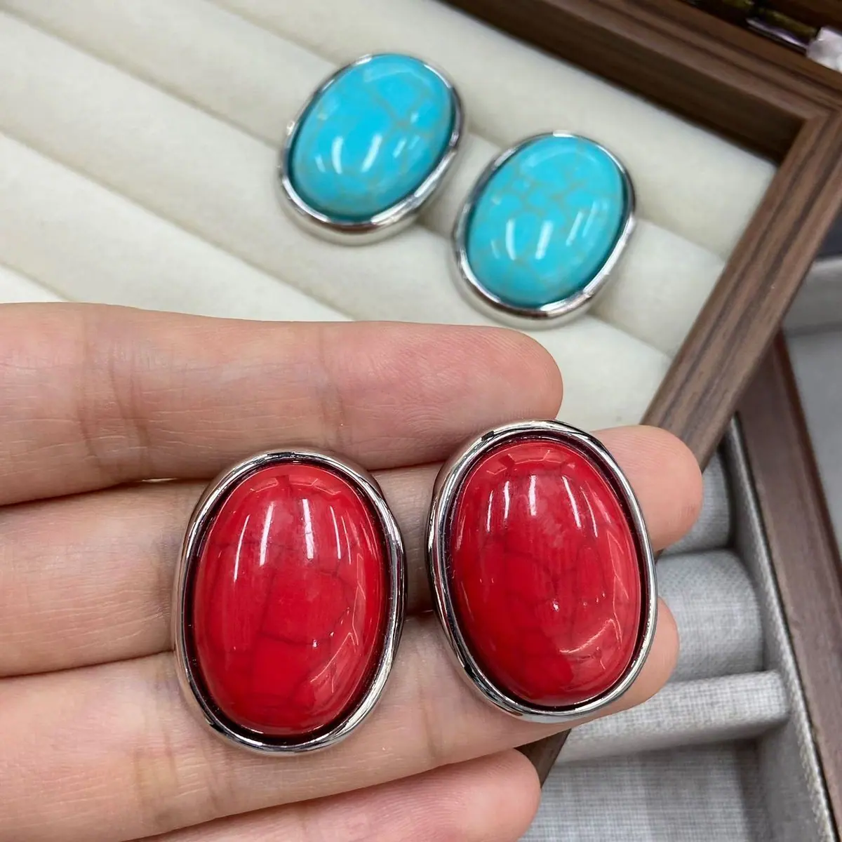 Gold-Tone Oval Turquoise Earrings (shot-3)