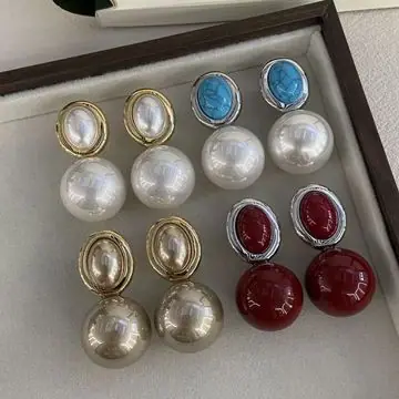 Gold-Tone Pearl and Stone Earrings — view 4