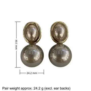 Gold-Tone Pearl and Stone Earrings — dimension diagram: 49.1 × 24.2 mm, pair weight approx. 24.2 g (excl. ear backs)