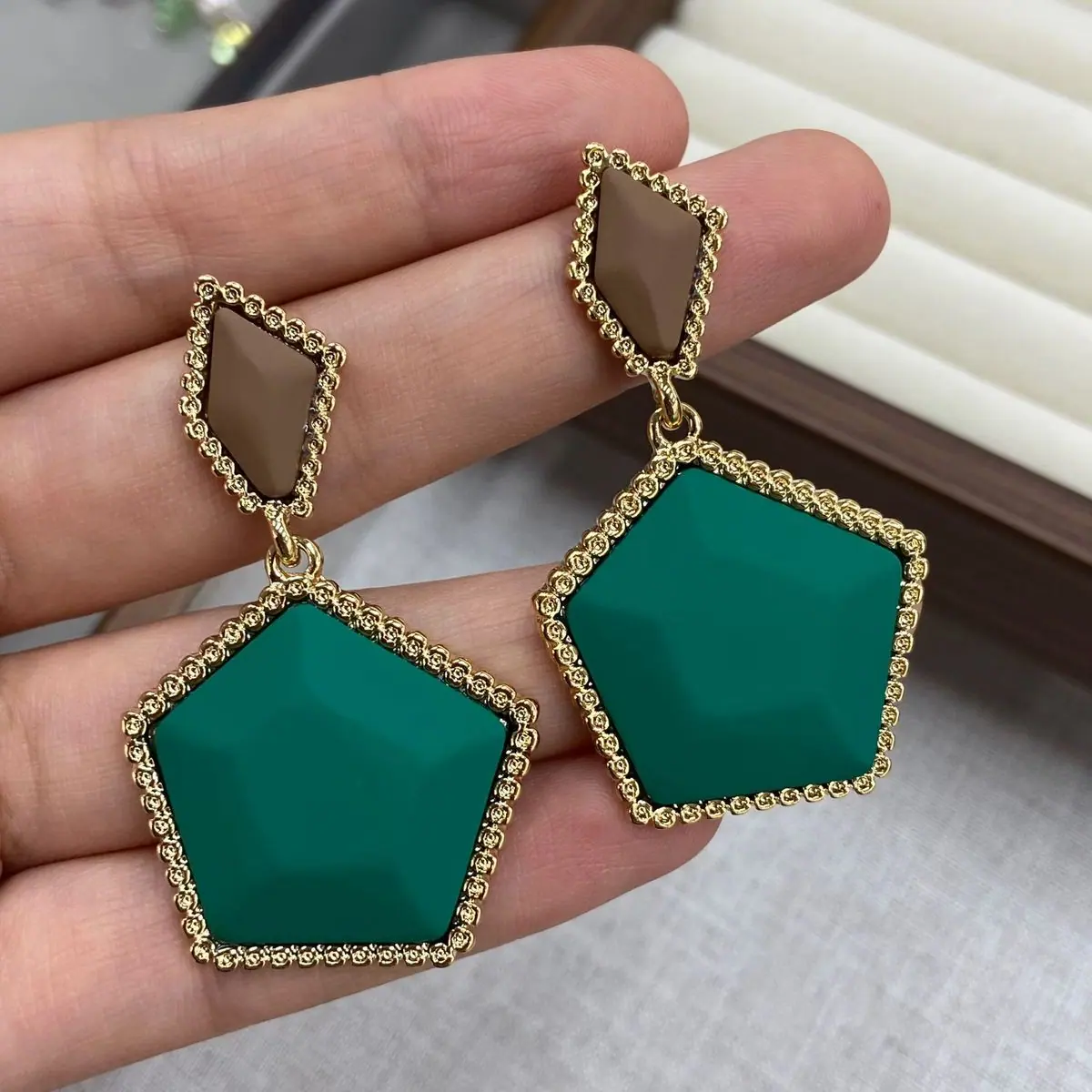 Gold-Tone Pentagon Resin Drop Earrings (shot-2)