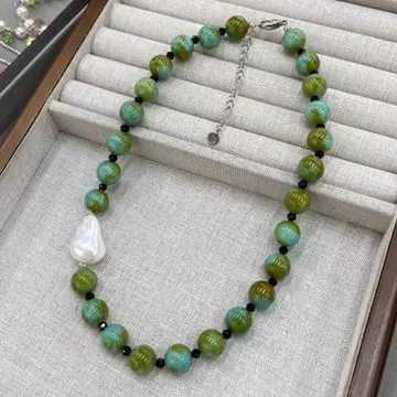 Green Bead and Pearl-Effect Necklace — main view