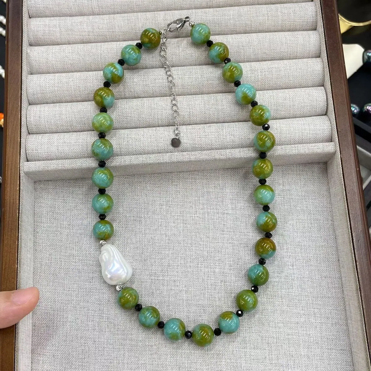 Green Bead and Pearl-Effect Necklace (shot-2)