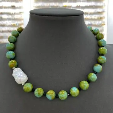 Green Bead and Pearl-Effect Necklace — view 5
