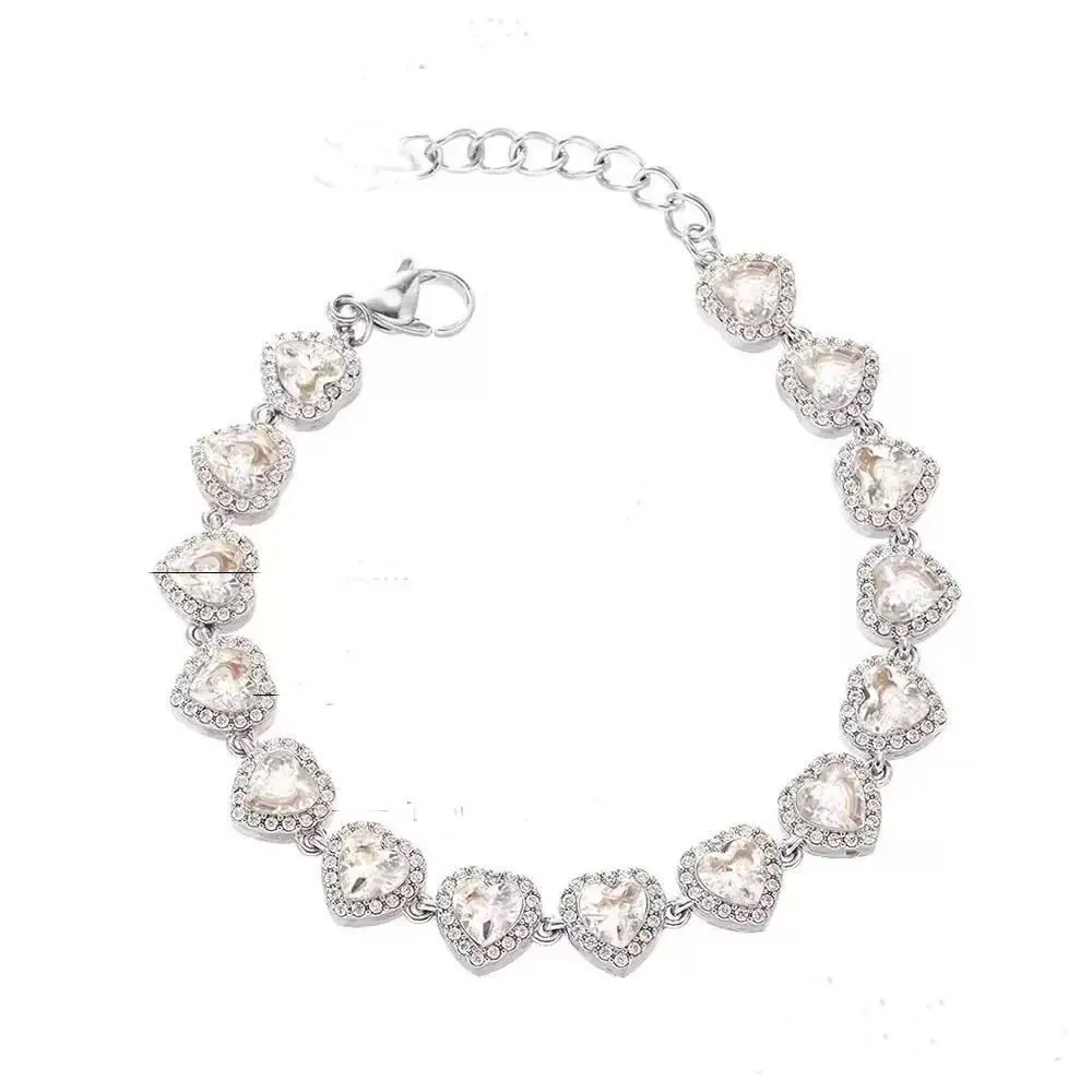 Silver-Tone Heart Zircon Link Bracelet