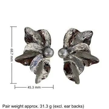 Two-Tone Bloom Statement Earrings — dimension diagram: 68.7 × 45.3 mm, pair weight approx. 31.3 g (excl. ear backs)