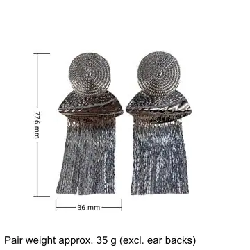 Two-Tone Long Tassel Earrings — dimension diagram: 77.6 × 36 mm, pair weight approx. 35 g (excl. ear backs)