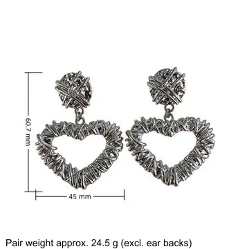 Two-Tone Pave Heart Earrings — dimension diagram: 60.7 × 45 mm, pair weight approx. 24.5 g (excl. ear backs)