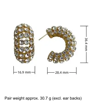 Two-Tone Rhinestone Cuff Bracelet — dimension diagram: 36.4 × 28.4 mm (band 16.9 mm wide), pair weight approx. 30.7 g (excl. ear backs)