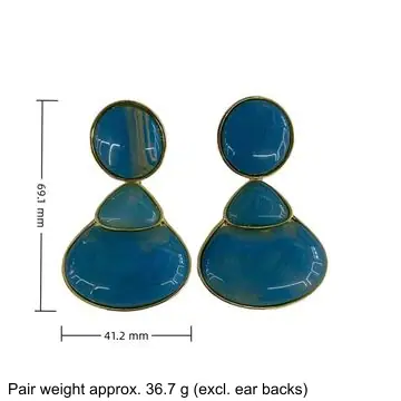 Two-Tone Round Disc Drop Earrings — dimension diagram: 69.1 × 41.2 mm, pair weight approx. 36.7 g (excl. ear backs)