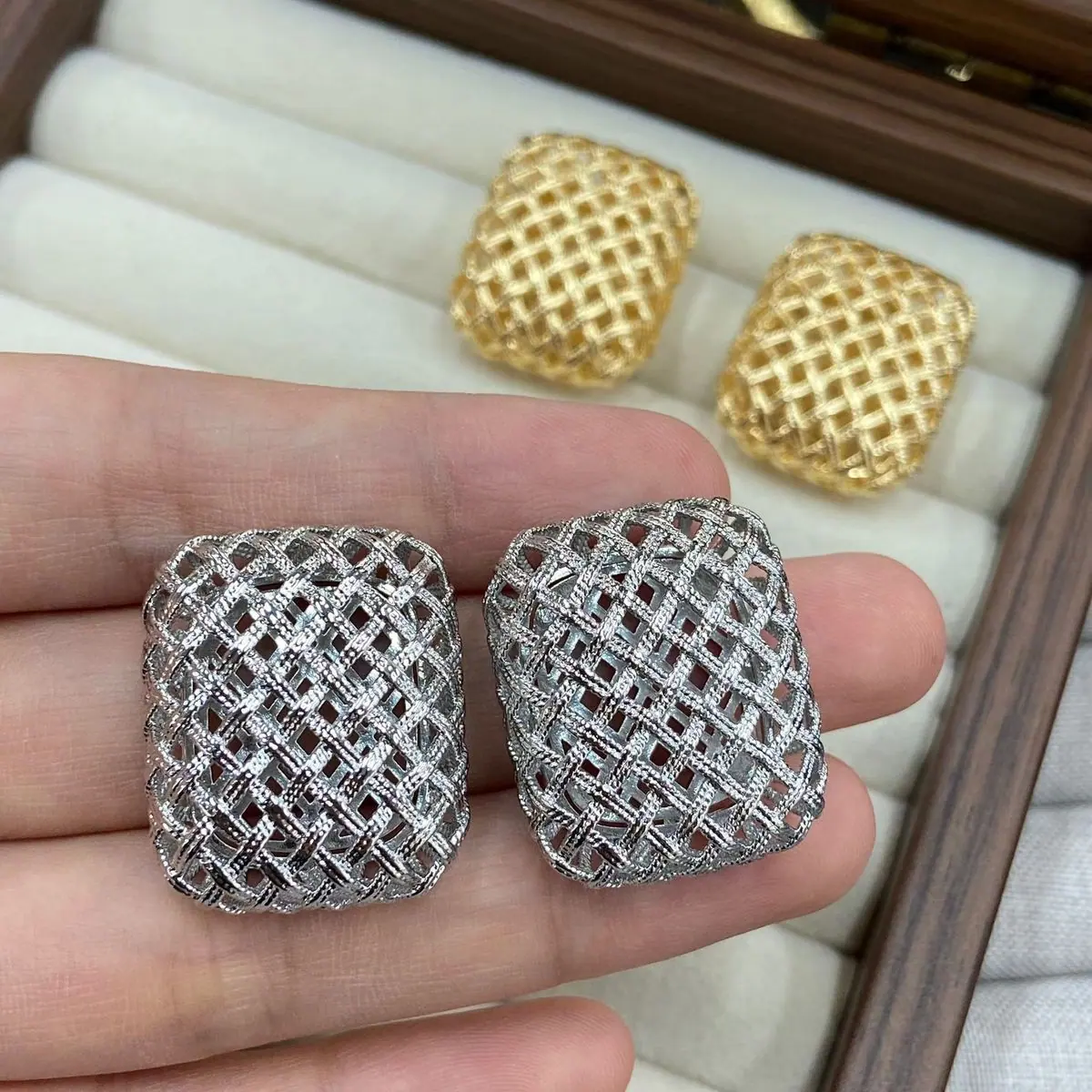 Two-Tone Textured Mesh Cushion Stud Earrings (shot-3)